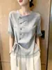 Camisa Coreana de Diseño Irregular de Manga Corta para Mujer, Nuevo Estilo de Verano, Top Elegante Gris Sencillo Adelgazante A12516