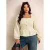 Blusa francesa cuadrada de talla grande europea y americana para mujer con botones metálicos de una fila, dobladillo con volantes, entallada a la cintura, mangas largas abullonadas y corte corto.