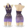 Lingerie sexy para mulheres, cor degradê, saia bodycon rasgada, gola halter jacquard, conjunto de peça única de rede cruzada