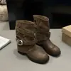 Botas de couro empilháveis salto grosso botas curtas cano curto moda feminina plissado retrô 2026 fivela outono novo estilo calça de bota perna não