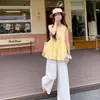 Moda Verão 2026 Casual Doce Redutor de Idade Emagrecedor Super Clareador Conjunto de Blusa Amarela + Calça Pantalona