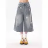 Pantalones Vaqueros Cortos con Estampado de Estrellas Retro para Mujer, Nuevo Estilo Americano de Verano, Desgastados, Sueltos, de Pierna Ancha, Rectos, 7/8
