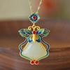 Pingente de jade Hetian de estilo antigo chinês embutido com corrente de clavícula de jade natural feminino estilo japonês temperamento design colar