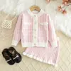 Conjunto de Suéter para Niñas Otoño e Invierno Nuevo Estilo Coreano de Moda Cuadros Tweed Tejido Conjunto de Dos Piezas para Bebés Niñas