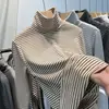 Camiseta de manga larga cálida para otoño e invierno, elegante y única, con cuello alto apilado, de terciopelo a rayas de doble cara, top moderno y versátil