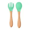 Talheres de alimentação para crianças de grau alimentício Colher de comer para bebê Garfo Silicone Tigela Colher Garfo de silicone para crianças Colher com cabo de madeira