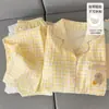 Pijama feminino para comércio exterior no atacado para primavera e outono, com bojo, xadrez de desenho animado estilo japonês, manga longa, calça longa, conjunto de roupa de casa de modelagem solta