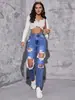 Amazon Ebay Calças Jeans Rasgadas para Mulheres 2024 Nova Tendência Europeia e Americana Lavadas Rasgadas de Cintura Alta Retas