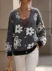 Cárdigan de Punto con Estampado Floral Transfronterizo Europeo y Americano Amazon Otoño 2026 Sitio Independiente Abrigo Suéter Jacquard de Cuello en V