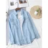 Camisa de mezclilla Tencel con caída estilo coreano para mujer, diseño único, doble bolsillo, camisa fina holgada de manga larga, chaqueta de primavera y otoño