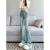Calça Jeans Flare Azul Claro de Cintura Alta para Mulheres, Novo Estilo Plus-Size para Figuras Curvilíneas, Ajuste Justo Emagrecedor para Mulheres Baixinhas, Calças Bootcut Levemente Flare