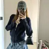Cárdigan de punto con cremallera azul marino, estilo fino para mujer, chic coreano de principios de otoño, ajuste ceñido, chaqueta suéter que ciñe la cintura, de longitud corta