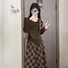 Um Pouco Cheio mm Início do Outono Assimetrico Manga Longa Moda Terno Design Novo Xadrez Emagrecimento Visual Saia Peça Única Top