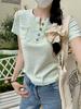 Camiseta de Verano para Mujer con Cuello en V, Manga Corta y Botones Degradados en Verde Menta, Camiseta Básica para Usar Sola, Corte Ajustado