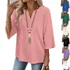 Top de Manga Tres Cuartos con Encaje, Color Sólido, Cuello en V, Estilo Camiseta, Empalmado, Corte Holgado, para Mujer, Europeo y Americano, Primavera/Verano 2026