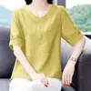 Nueva Camisa Bordada de Algodón y Lino Talla Grande para Mujer, Nueva Moda de Verano, Top Holgado de Manga Corta con Cuello en V que Reduce la Edad para Mamás