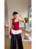 Camisola Estilo Ballet com Laço de Bolinhas Vermelhas Design de Verão Feminino com Babados Patchwork e Top de Fita