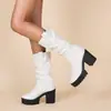 Sapatos Femininos Plus Size Transfronteiriços, Botas de Plataforma Impermeáveis de Cano Alto Femininas para Outono e Inverno, Botas de Couro de Salto Alto com Plataforma Impermeável e Bico Redondo, Salto Quadrado