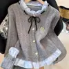 Blusa de tricô patchwork com babados estilo francês, falsa peça dupla para mulheres, doce e jovial, base da moda e versátil para a primavera