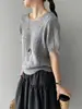 Suéter de Punto de Mohair de Manga Corta con Cuello Redondo de Color Brillante Vintage Jiang Chi para Mujer, Top para Superponer D2640