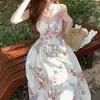 Novo Estilo Elegante Design Francês Plissado Espinha de Peixe Floral de Férias Vestido Longo Decote U Doce Vestido de Alça