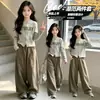 Conjunto de Dos Piezas para Niñas Estilo Coreano Cardigan de Punto para Primavera/Otoño 2026 Nuevo Pantalón de Pierna Ancha Conjunto de Moda Casual
