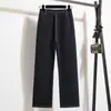 Toma real de pantalones de mezclilla de punto de pierna ancha estrecha de alta calidad para mujer, estilo otoño, cintura elástica, pantalones rectos, elásticos, talla grande, para mujeres de talla grande