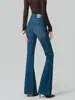 Jeans feminino índigo estilo vintage/stretch em 4 direções, micro-flare, cintura alta, levanta bumbum, caimento justo, modelo novo para início de outono 26, afina a silhueta
