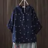 Camisa de Manga Corta con Mangas Murciélago Florales, Doble Capa de Gasa de Algodón, Cuello en V Fresco, Estilo Japonés, para Mujer, Top Casual Retro Artístico