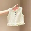 Chaleco blanco floral sin mangas para mujer, estilo fino de verano, top abotonado con volantes, estilo coreano floral fino transpirable