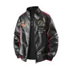 Chaqueta de cuero con solapa bordada de motocicleta para hombre, chaqueta de trabajo de cuero PU de color liso simple, a prueba de viento para otoño e invierno, top duradero y versátil