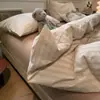 Super Suave Dormir Desnudo Algodón Lavado con Agua Pura Rayas Cuadros Juego de Cuatro Piezas Sencillo Funda de Edredón de Algodón Puro Sábana Bajera Juego de Tres Piezas para Dormitorio de Estudiante
