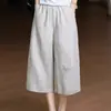 Calças Femininas de Verão Confortáveis Pantalonas Cropped Respiráveis Algodão Linho Cintura Elástica Soltas Modeladoras Artísticas Retrô Casuais