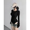 Estilo Europeu e Americano Tops da Moda Gola Redonda Efeito Emagrecedor Manga Longa Versátil Macacão Camiseta Camisa para Camadas Estilo Ocidental para Mulheres