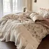 Conjunto de Quatro Peças com Renda Bordada Estilo Retro Francês Lençol de Cama Macio Lavado Lençol com Elástico Algodão Linho Algodão Puro Textura 100% Algodão