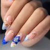 Uñas Postizas Desmontables Estilo Oceánico Azul con Borde Francés, Flor de Resina 3D, Perla de Acero, Forma de Almendra