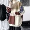 Outono Inverno Tendência Marca Retrô Pessoa Gorda Ins Casual Design de Gola Redonda Suéter Toque Masculino Tamanho Grande Tricô Patchwork Preto