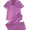 Comercio Electrónico Transfronterizo Europeo y Americano Cárdigan de Satén para Pijama de Verano Solapa Manga Corta Pantalón Largo Conjunto de Ropa para el Hogar para Mujer Venta al por Mayor