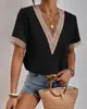 2023 Comercio Exterior Transfronterizo Amazon Aliexpress Nuevo Estilo Blusa de Gasa con Mangas Cortas y Encaje para Mujer