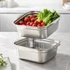 Bacia de lavagem de vegetais de aço inoxidável com alça, espessada e aprofundada para melhor drenagem, adequada para cozinhas domésticas, escorredor de fundo plano para lavar e enxaguar arroz