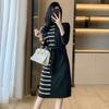 Vestido de Punto de Talla Grande para Mujer Gordo mm Holgado Adelgazante Largo Medio con Rayas Contrastantes Suéter de Fondo de Manga Larga Falda