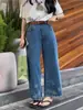 Jeans Finos de Seda Gelada Macia de Verão para Mulheres, Tamanho Grande, Calças de Perna Larga em Tencel Emagrecedoras com Bordado Vazado, Calças Cropped