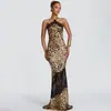 Vestido Feminino Amazon 2026 Nova Moda Gola Halter Patchwork de Renda Estampa de Leopardo Transparente Sexy Bodycon Sem Costas