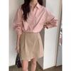 Chique Coreano2026 Nova Blusa Rosa Estilosa para Mulheres Primavera e Verão, Corte Solto Estilo Francês, Mangas Lanterna Emagrecedoras, Gola de Lapela