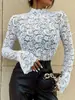 Comercio Exterior Transfronterizo Europeo y Americano Ropa de Mujer, Ropa Interior Elegante, Camiseta Interior de Encaje Transparente, Top de Encaje Delgado de Manga Larga, Moda para Mujer
