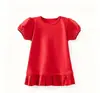 Camiseta Infantil de Verão Nova para Meninas, Manga Bufante Curta, Gola Redonda, Cor Sólida, Barra com Babado, Camiseta Básica para Bebê