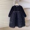 Vestido de veludo para meninas Outono Vestido de princesa com lantejoulas para crianças Vestido de malha com laço Vestido de aniversário Vestido de bolo