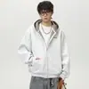 Moletom Cardigan Cor Sólida Americano Masculino Corte Justo Zíper Duplo Tecido Air Layer Tridimensional Solto Casual Jaqueta com Capuz Tendência