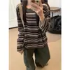 Camiseta de manga larga a rayas de bloques de color estilo coreano para mujer, nueva colección otoño 2026, básica de cuello redondo, corte holgado, retro y casual