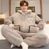 Pijama Masculino Outono e Inverno Lã Coral Pode Ser Usado Fora Quente Zíper Conjunto de Roupas para Casa Tamanho Plus Cardigan de Manga Longa Engrossado
